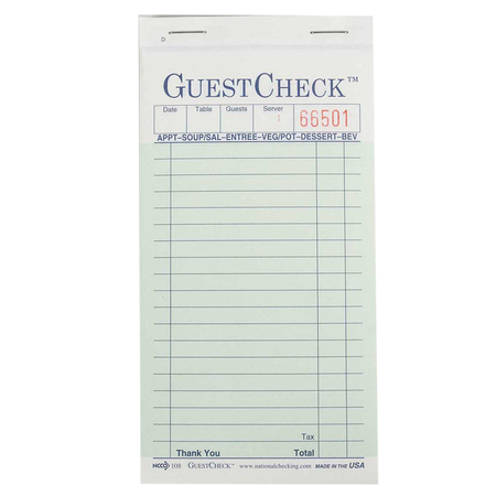 National Checking 3.5"x6.75" 2 Part Green Carbonless 19 Line Guest Check 50 Checks, PK50 108-50